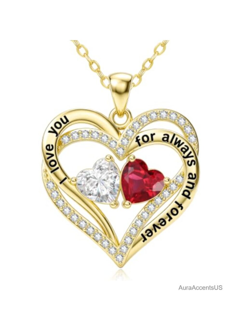 14K Gold Double Heart Birthstone Pendant Necklace 20" Adjustable